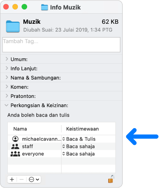 Seting keizinan di bahagian bawah tetingkap Info.