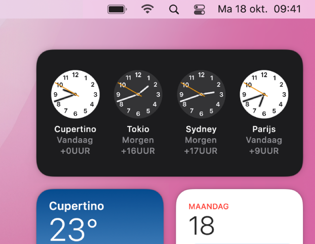 De Wereldklok-widget in het berichtencentrum die de huidige tijd weergeeft in Cupertino, Tokio, Sydney en Parijs.
