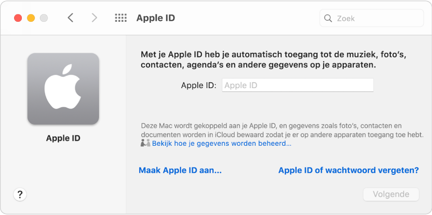 Het Apple ID-inlogdialoogvenster, klaar voor de invoer van de naam en het wachtwoord van een Apple ID.