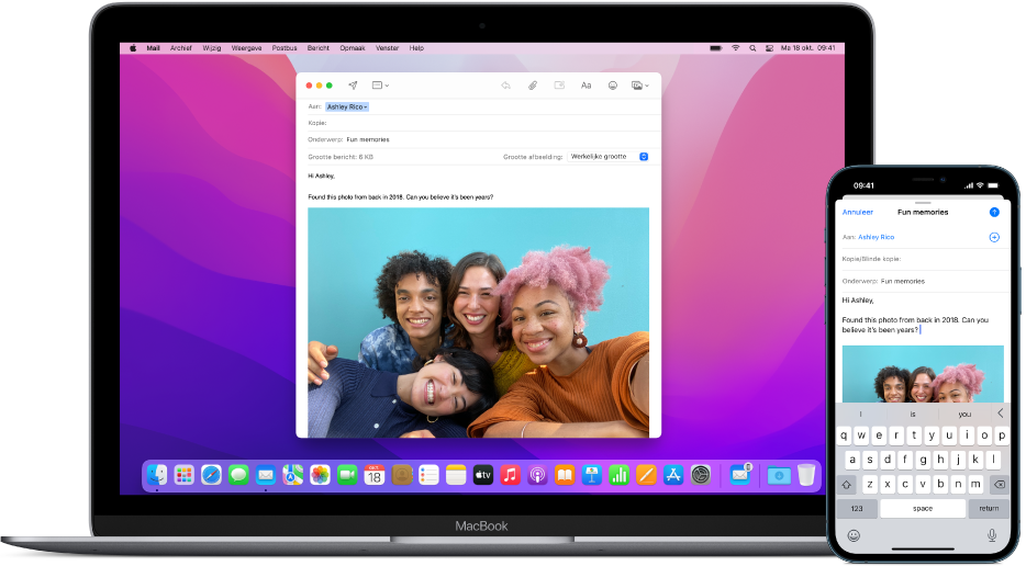 Een iPhone met daarop een e-mailbericht naast een Mac waarnaar het bericht wordt overgebracht, aangegeven door het Handoff-symbool op het Mail-appsymbool rechts in het Dock.