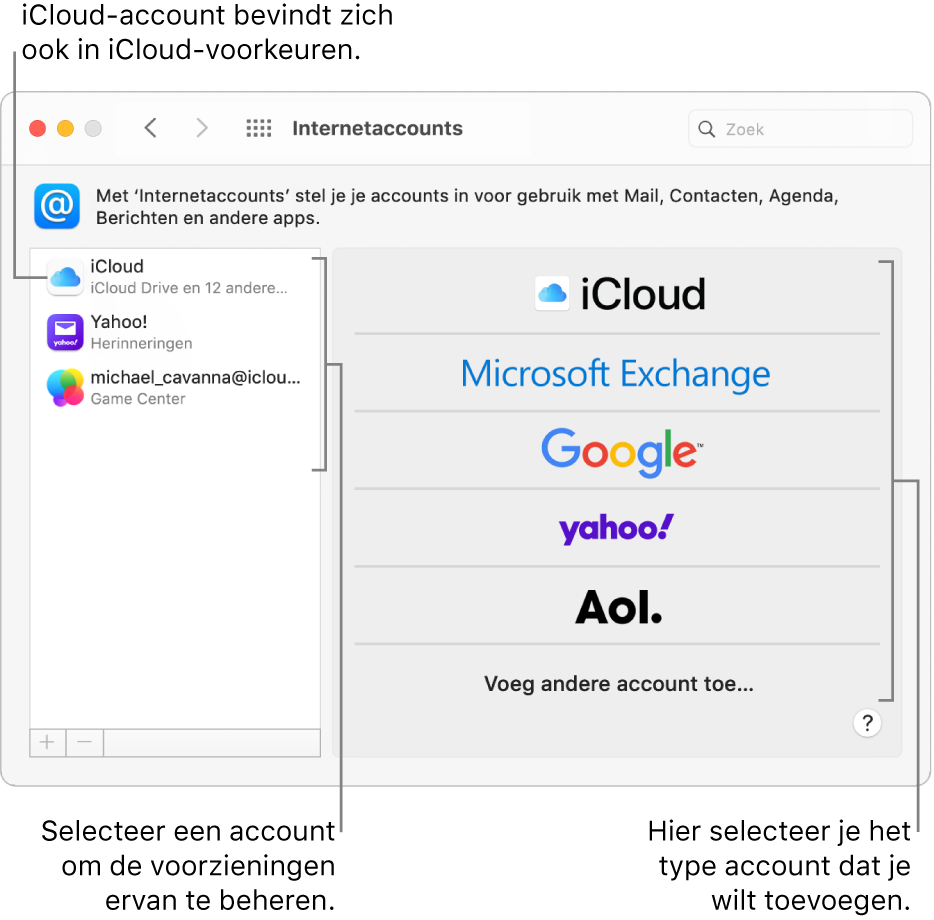 Het paneel 'Internetaccounts' in Systeemvoorkeuren met accounts aan de rechterkant en beschikbare accounttypen aan de linkerkant.
