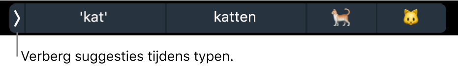 Suggesties voor woorden en emoji's, met aan de linkerkant de knop om de suggesties tijdens het typen te verbergen.