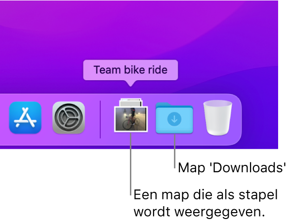 Een map rechts in het Dock wordt als stapel weergegeven en de map 'Downloads' wordt als map weergegeven.