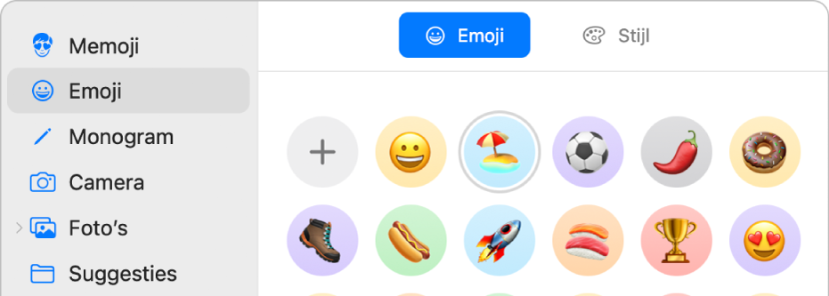 Het dialoogvenster met de Apple ID-afbeelding, met een geselecteerde emoji in de navigatiekolom en verschillende emoji's aan de rechterkant.