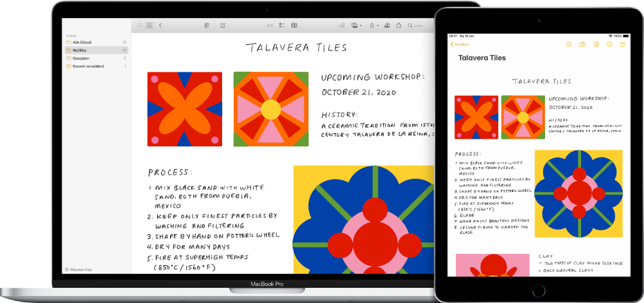 Een iPad met een tekening naast een Mac met diezelfde tekening in een notitie.
