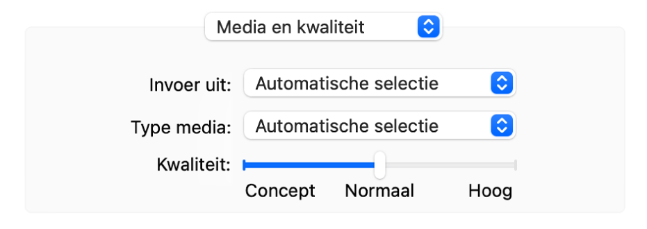 De optie 'Media en kwaliteit' met de venstermenu's 'Invoer uit' en 'Type media' en de schuifknop 'Kwaliteit'.