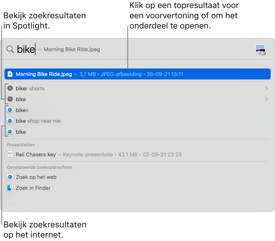 Het Spotlight-venster met zoektekst in het zoekveld boven in het venster en eronder zoekresultaten.