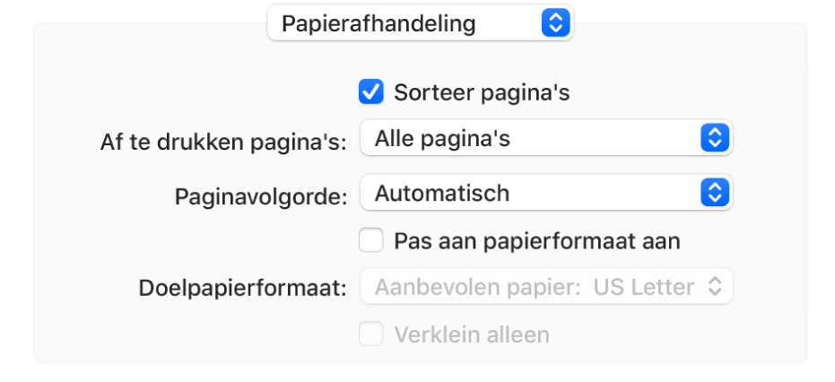 De optie 'Papierafhandeling' in het venstermenu met afdrukopties. In het venstermenu 'Paginavolgorde' kan de paginavolgorde worden gewijzigd.