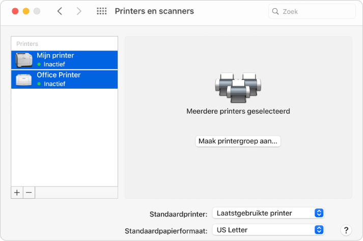 Het dialoogvenster 'Printers en scanners' waarin twee printers geselecteerd zijn in de lijst met printers. Aan de rechterkant staat de knop 'Maak printergroep aan'.