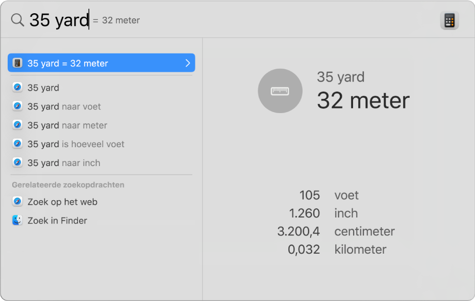 Het Spotlight-venster met in het zoekveld een omrekening van yard naar meter. Aan de linkerkant staat een lijst met zoekresultaten. In de voorvertoning aan de rechterkant staan nog meer omrekeningen.