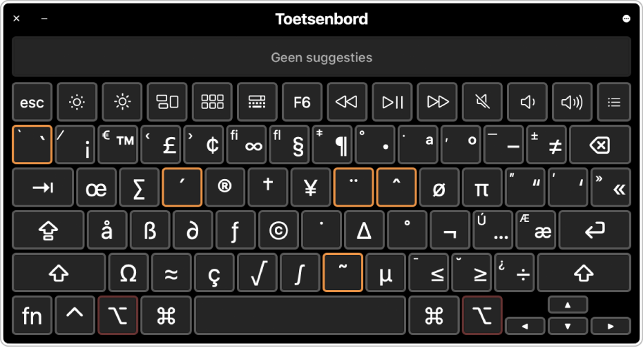 Toetsenbordweergave met de indeling 'ABC' en vijf gemarkeerde dode toetsen.