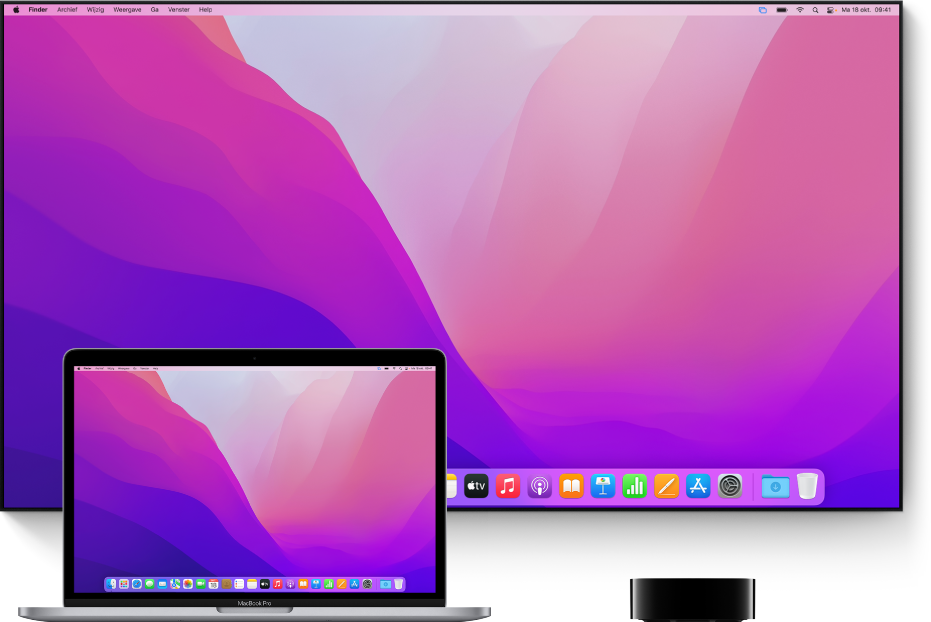 Een Mac, HD-tv en Apple TV geconfigureerd voor synchrone AirPlay-weergave.
