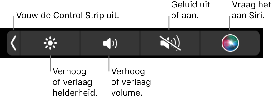 De samengevouwen Control Strip met (van links naar rechts) knoppen om de Control Strip uit te vouwen, de helderheid en het volume aan te passen, het geluid te dempen of in te schakelen en Siri te gebruiken.