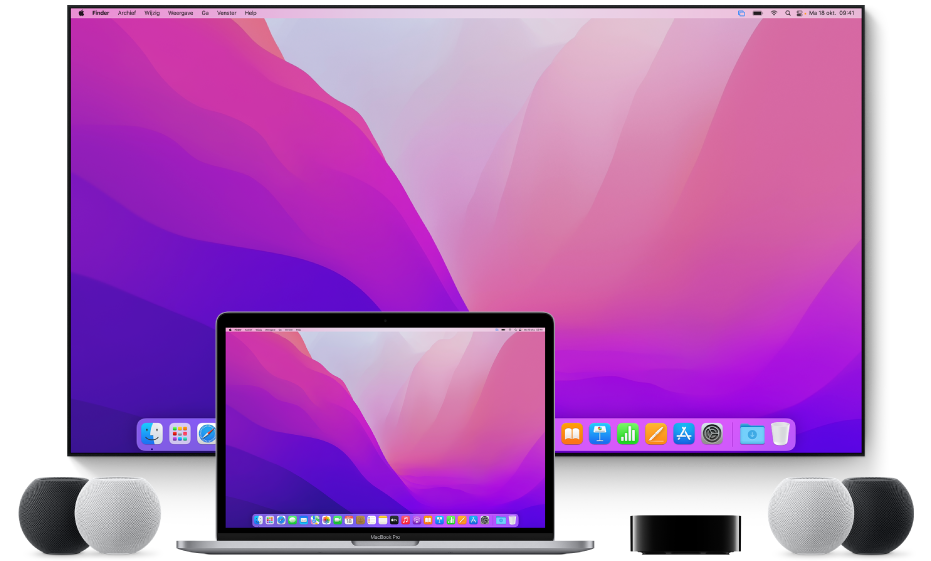 Een Mac en apparaten waar de Mac via AirPlay materiaal naartoe kan streamen; bijvoorbeeld een Apple TV, HomePod mini-luidsprekers en een smart-tv.