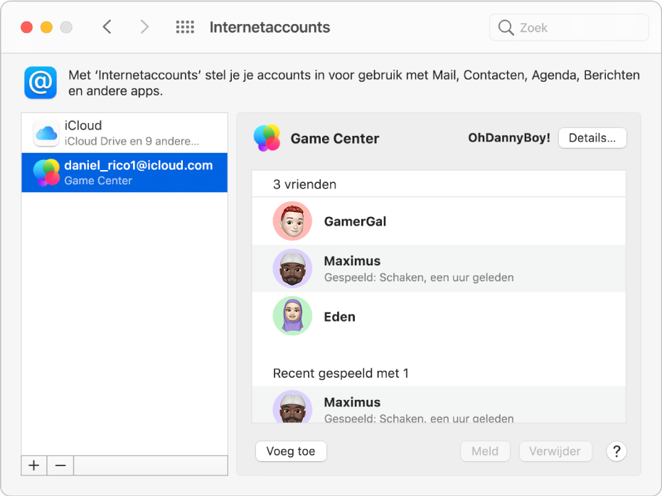 Een Game Center-account die is geselecteerd in 'Internetaccounts'. Rechts worden gamevrienden weergegeven.