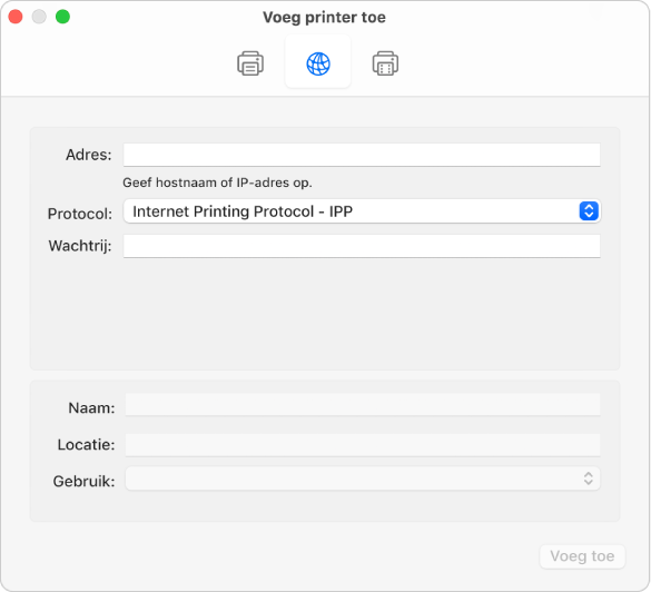Het dialoogvenster voor het toevoegen van een printer met de IP-opties voor het instellen van een printer aan de hand van het IP-protocol.