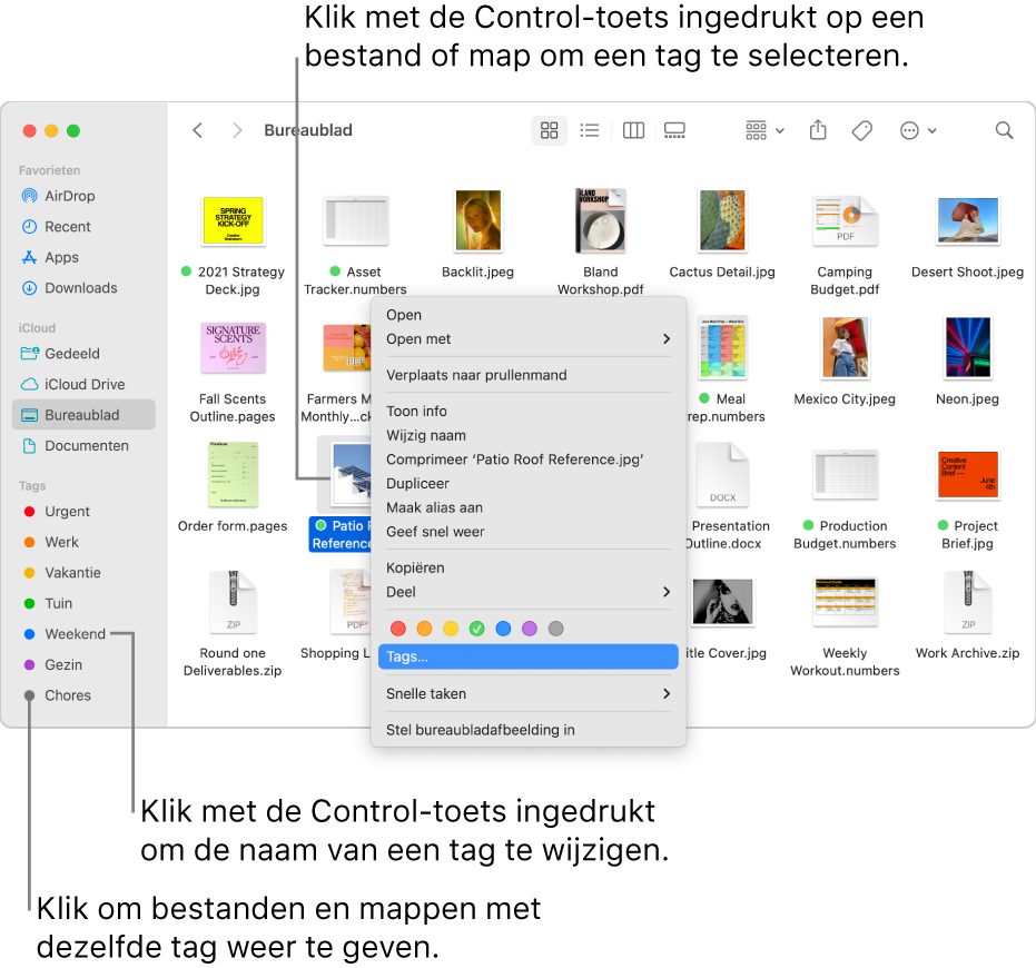 Een Finder-venster met bestanden en mappen met een tag; een bestand is geselecteerd. In het contextuele menu zijn er kleurkeuzes voor tags, en 'Tags' is gemarkeerd.