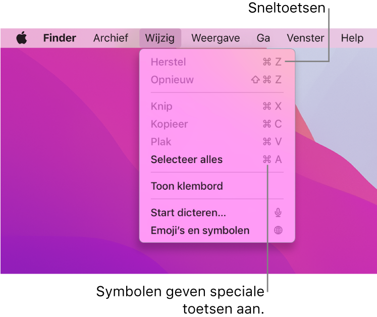 Het Wijzig-menu is geopend in de Finder. Toetscombinaties worden naast menuonderdelen weergegeven.