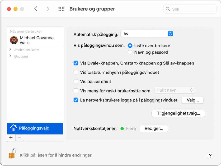 Påloggingsvalg-fanen i Brukere og grupper-valgpanelet, hvor du kan markere valg for å tilpasse hvordan en bruker logger på.
