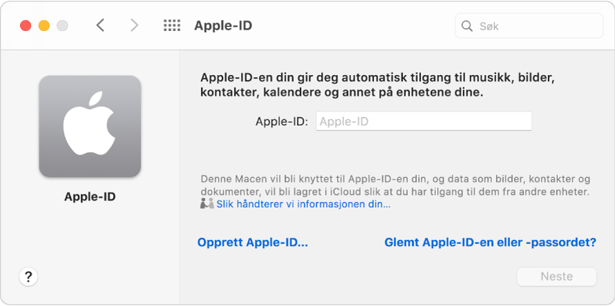 Apple-ID-dialogruten for pålogging er klar for innskriving av et Apple-ID-navn og -passord.