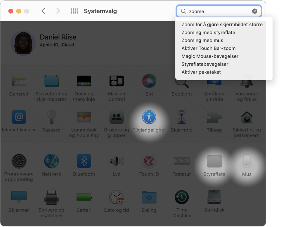 Systemvalg-vinduet som viser «zoom» i søkefeltet, en liste over søkeresultater under søkefeltet, og tre valgpanel-symboler som er markert.