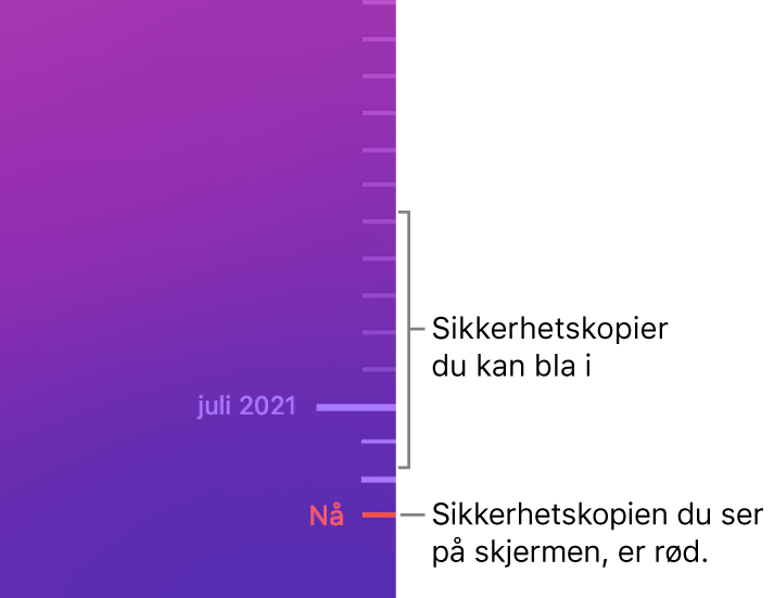 Aksemerker i sikkerhetskopitidslinjen. Det røde merket viser sikkerhetskopien du navigerer i.