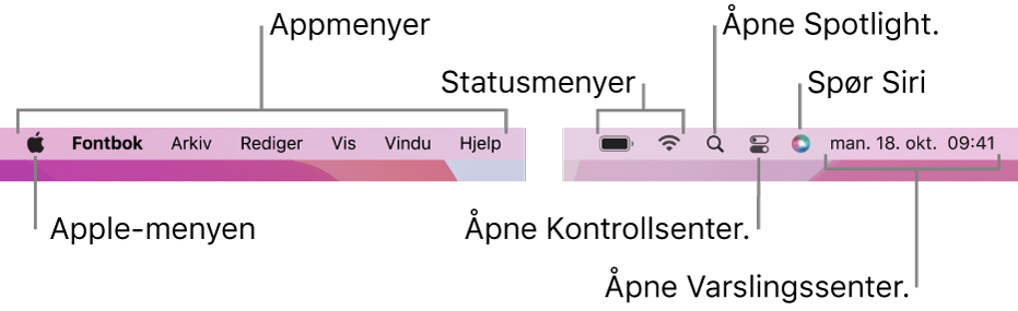 Menylinjen. Til venstre er Apple-menyen og appmenyer. Til høyre er statusmenyer, Spotlight, Kontrollsenter, Siri og Varslingssenter.