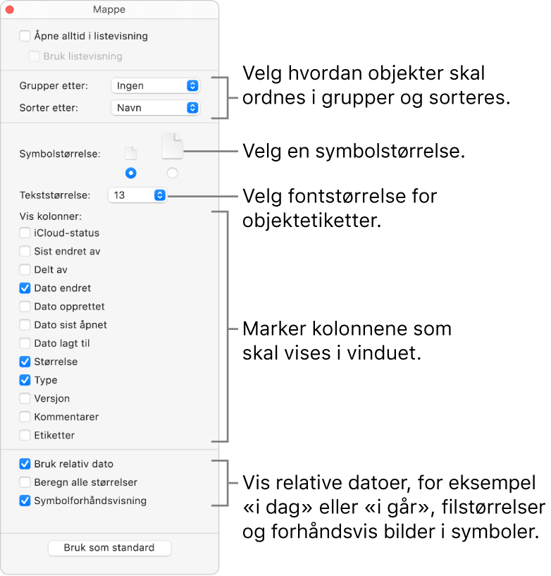 Listevisningsvalg for en mappe.