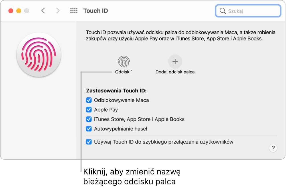 Panel preferencji Touch ID z informacją, że odcisk palca jest gotowy i może być używany do odblokowywania Maca.