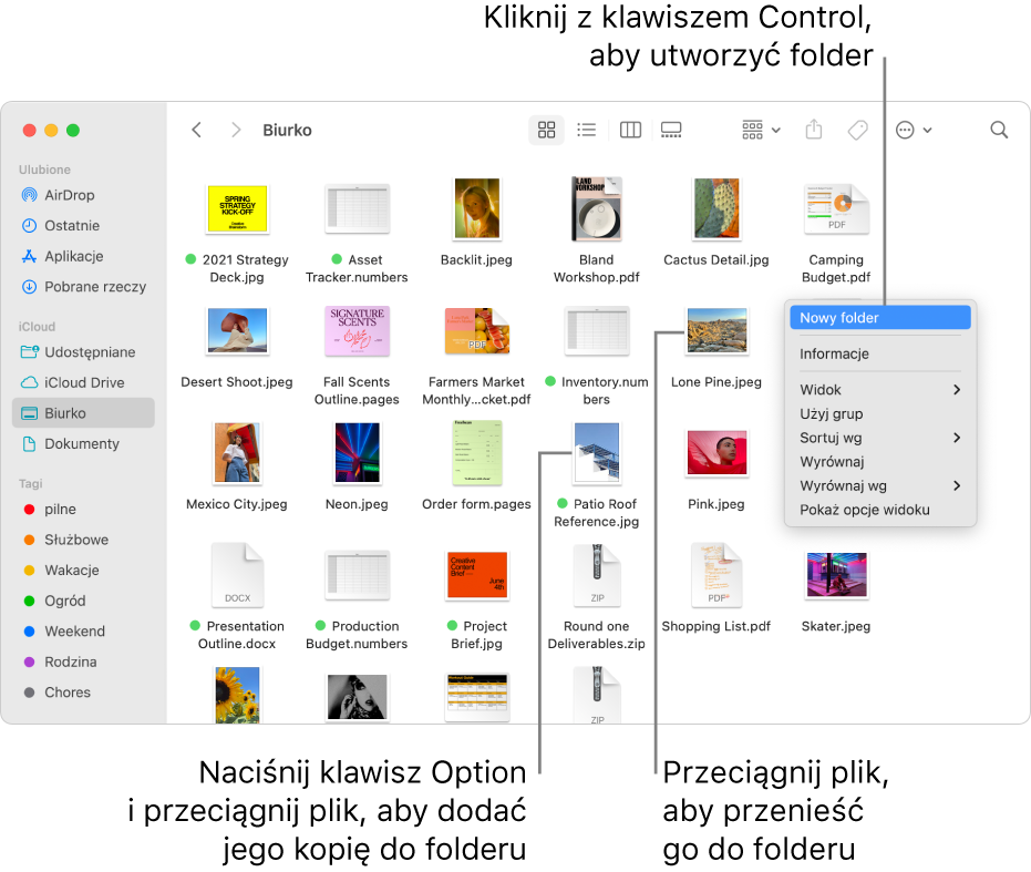 Okno Findera zawierające pliki i foldery. W menu podręcznym wyróżnione jest polecenie Nowy folder.