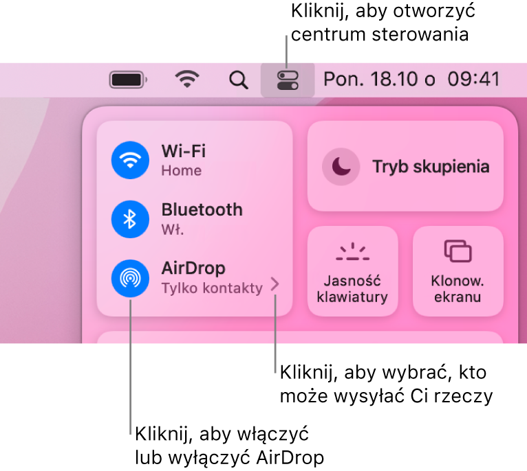 Okno centrum sterowania zawierające narzędzia do włączania i wyłączania funkcji AirDrop, a także do wybierania, kto może wysyłać Ci rzeczy.