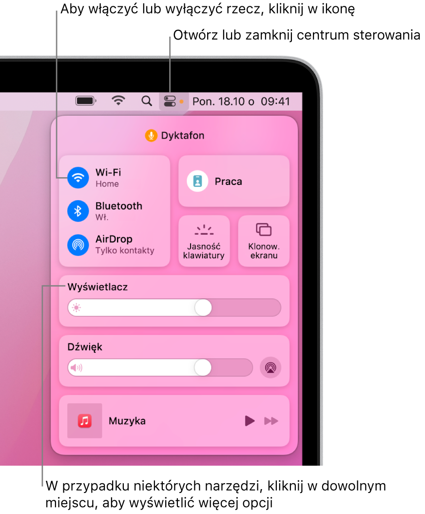 Centrum sterowania w prawym górnym rogu ekranu, zawierające między innymi narzędzia Wi-Fi, Tryb skupienia, Dźwięk oraz Odtwarzane.