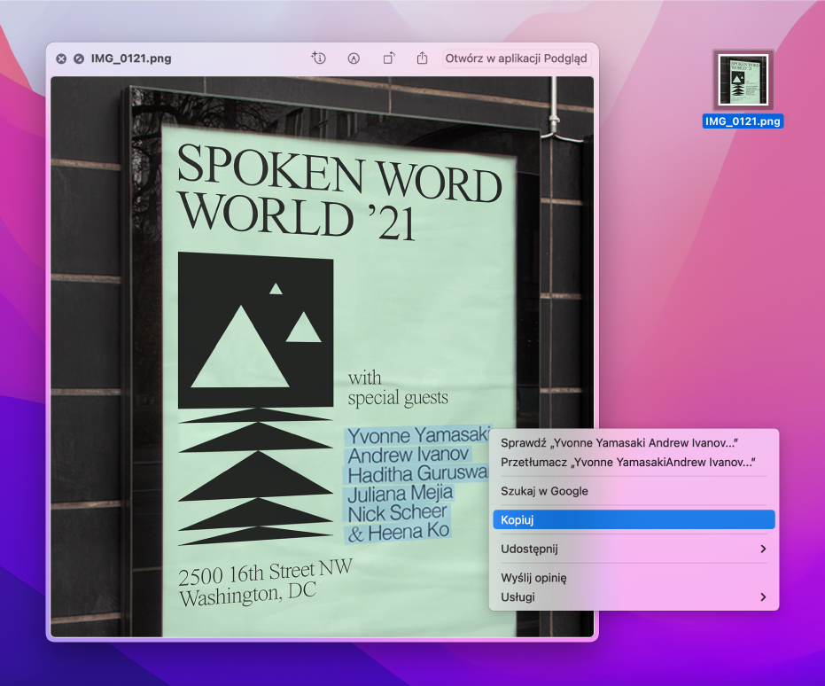 Okno szybkiego przeglądu wyświetlające zdjęcie przedstawiające znak z tekstem. Tekst jest zaznaczony, a nad nim widoczne jest menu pozwalające między innymi na skopiowanie oraz przetłumaczenie tekstu.