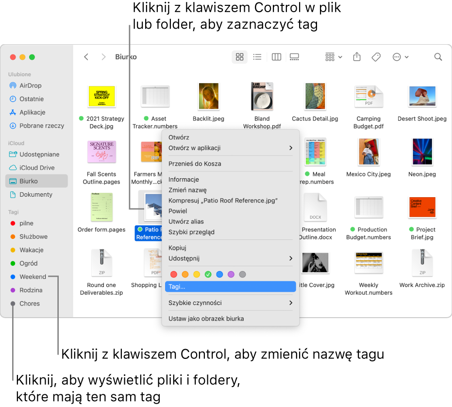 Okno Findera zawierające otagowane pliki i foldery. Jeden plik jest zaznaczony. W menu skrótów widoczne są tagi różnych kolorów. Wyróżniona jest pozycja Tagi.