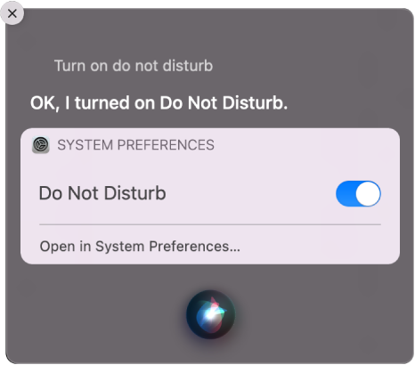 Okno Siri pokazujące polecenie wykonania zadania „Turn on do not disturb.”