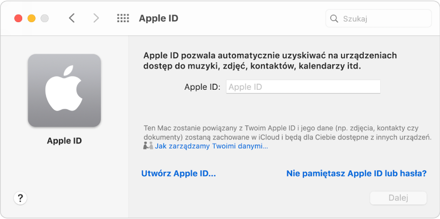 Okno dialogowe Apple ID, w którym można wprowadzić Apple ID. Łącze Utwórz Apple ID pozwala utworzyć nowy Apple ID.