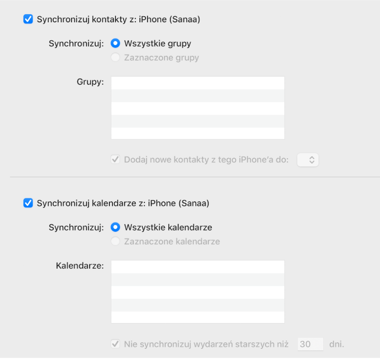 Opcje synchronizacji informacji. Widoczne są pola wyboru Synchronizuj kontakty z urządzeniem oraz Synchronizuj kalendarze z urządzeniem. Pole wyboru Synchronizuj kalendarze z urządzeniem jest zaznaczone. Widoczne są także opcje pozwalające na zaznaczanie grup kontaktów oraz kalendarzy.