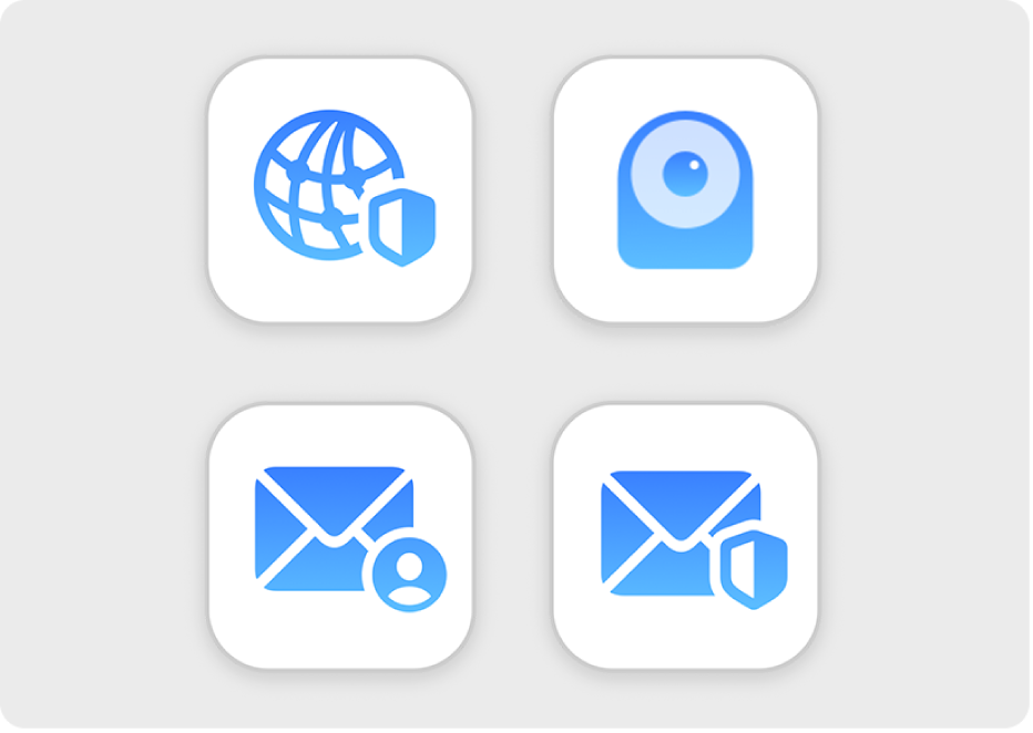 Ikony funkcji Przekazywanie prywatne iCloud i Ukryj mój adres email oraz aplikacji Dom i Mail.