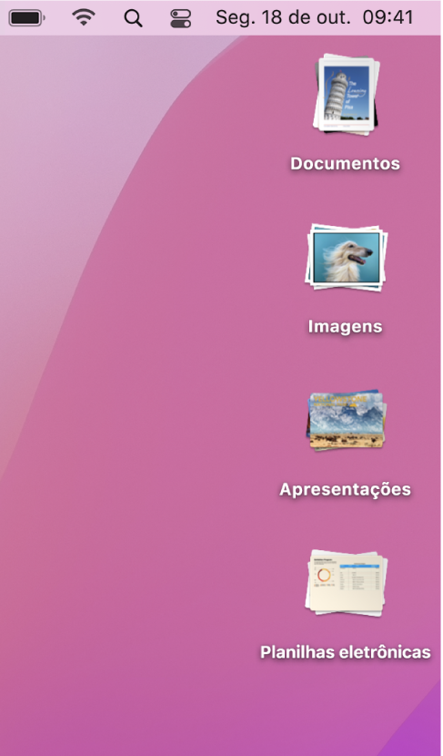Uma mesa do Mac com quatro conjuntos — de documentos, imagens, apresentações e planilhas — ao longo da parte direita da tela.