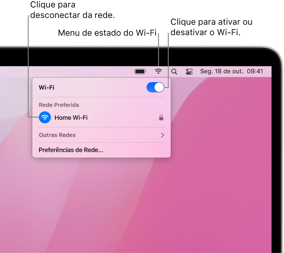 O menu de estado do Wi-Fi, mostrando um Acesso Pessoal e duas Redes Preferidas.