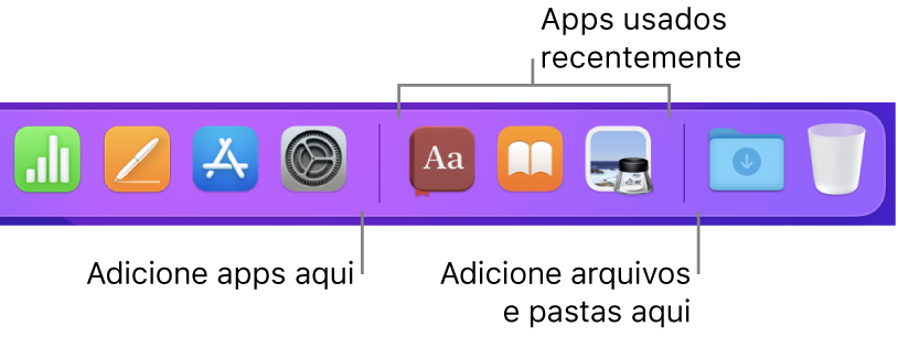 Uma parte do Dock mostrando as linhas de separação entre apps, apps usados recentemente e arquivos e pastas.
