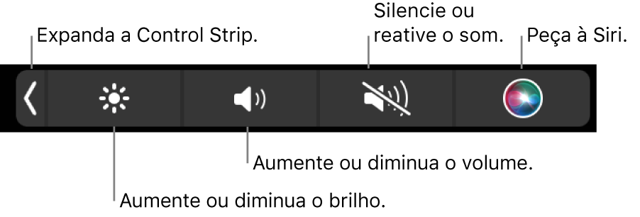 A Control Strip minimizada contém botões, da esquerda para a direita, para expandi-la, aumentar ou diminuir o brilho da tela e o volume, silenciar ou ativar o som e usar a Siri.
