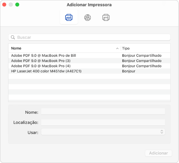 Caixa de diálogo Adicionar Impressora, mostrando as opções padrão para selecionar uma impressora e adicionar o nome e a localização e o menu local Usar para escolher o tipo de impressora.