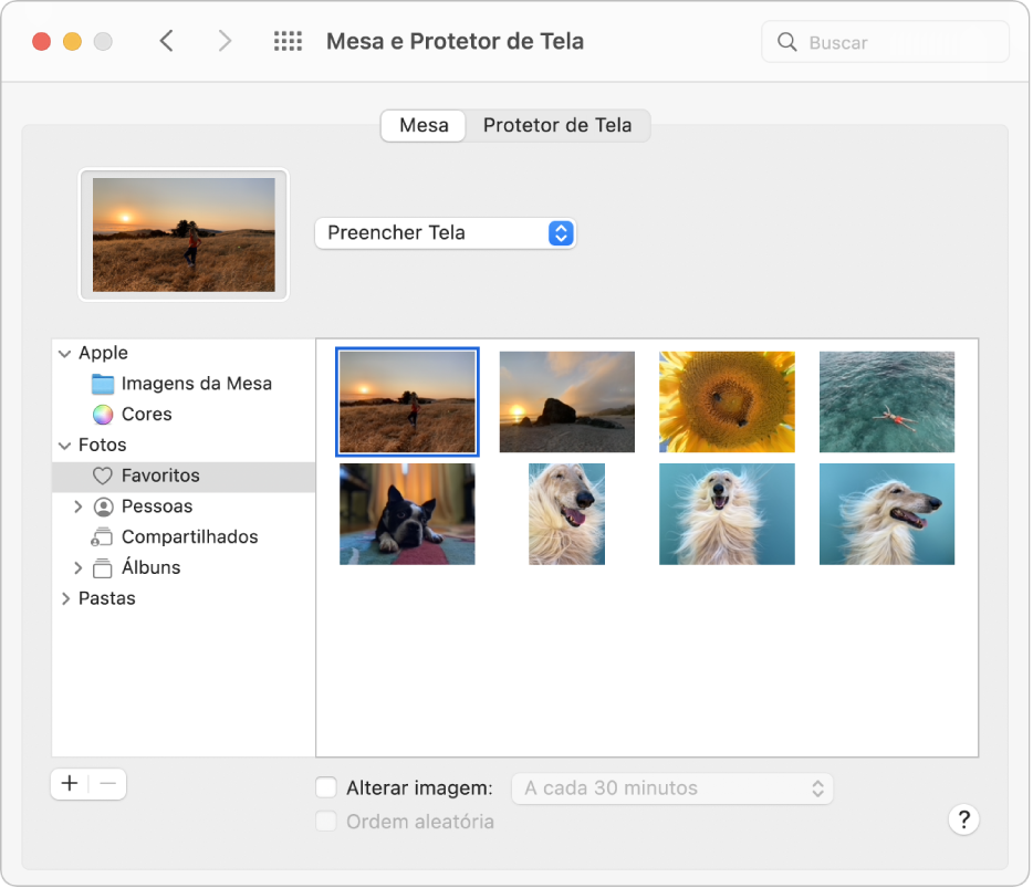 Painel Mesa da preferência “Mesa e Protetor de Tela”. À esquerda do painel, a pasta Favoritos está selecionada em Fotos; à direita, uma foto está selecionada como a imagem da mesa.