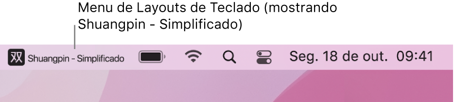 O lado direito da barra de menus. O menu Layouts de Teclado mostra o layout Shuangpin - Simplificado.