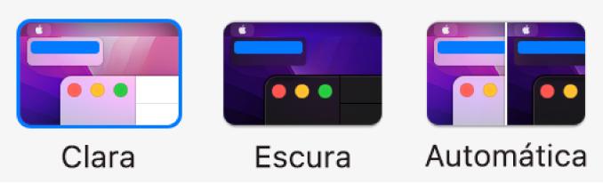 Da esquerda para a direita, exemplos das opções Clara, Escura e Automática mostradas na preferência Geral.