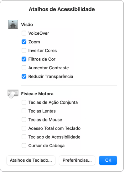O painel Atalhos de Acessibilidade listando recursos de acessibilidade de Visão, como Filtros de Cor, e recursos de acessibilidade Física e Motora, como Acesso Total com Teclado. Marque ou desmarque os recursos no painel para ativá-los ou desativá-los.