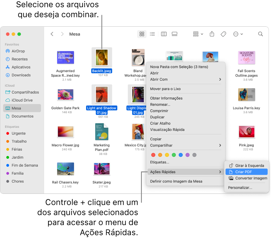 Janela do Finder contendo arquivos e pastas, onde três arquivos estão selecionados e Criar PDF está destacado no menu Ações Rápidas.