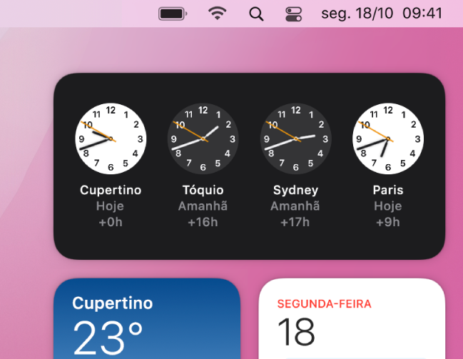 O widget Relógio na central de notificações a mostrar a hora atual em Cupertino, Tóquio, Sydney e Paris.