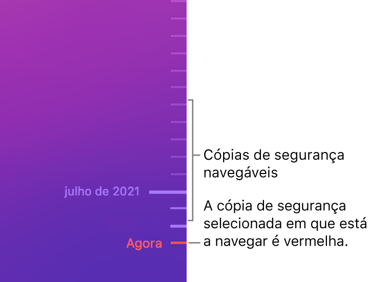 Marcas de visto no cronograma da cópia de segurança. A marca de visto vermelha indica a cópia de segurança que está a percorrer.